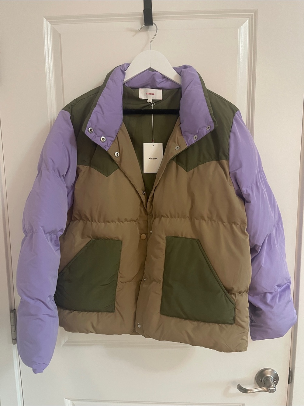 XiRENA Lavender Sleeve Colorblock Puffer Jacket with Olive Panels